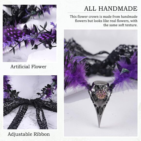 Gothic Witch Headpiece Feather Crown for Women Renaissance Halloween Elf main image 6